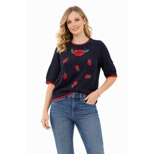 Beldoch Popper Navy Sweater L With  Embroidered Roses Short Sleeve Cottage core